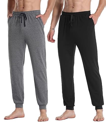 COLORFULLEAF Herren Schlafanzughose Baumwolle Jersey mit Tasche Pyjamahose Lang mit Bündchen Jogginghose Freizeithose(Schwarz*1+Grau*1,XL) von COLORFULLEAF