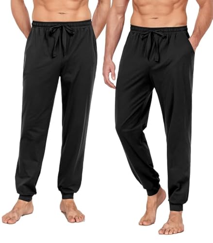 COLORFULLEAF Jogginghose Herren Baumwolle Schlafanzughose Männer Lang Schlafhose Leichte Freizeithose Sweatpants mit Bündchen(Schwarz*2,S) von COLORFULLEAF