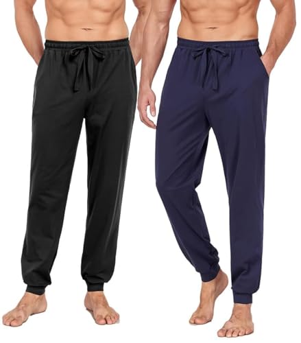 COLORFULLEAF Jogginghose Herren Baumwolle Schlafanzughose Männer Lang Schlafhose Leichte Freizeithose Sweatpants mit Bündchen(Schwarz*1+Marineblau*1,L) von COLORFULLEAF