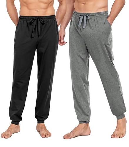 COLORFULLEAF Jogginghose Herren Baumwolle Schlafanzughose Männer Lang Schlafhose Leichte Freizeithose Sweatpants mit Bündchen(Schwarz*1+Grau*1,M) von COLORFULLEAF