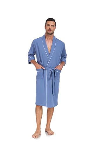 COLORFULLEAF Bademantel Herren aus 100% Baumwolle Leicht Sauna Morgenmantel Männern Reisebademantel Saunamantel mit Tasche(Blau,L) von COLORFULLEAF