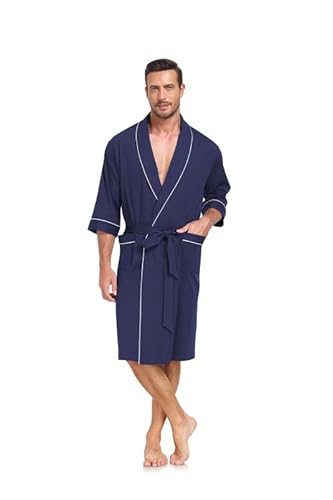 COLORFULLEAF Bademantel Herren aus 100% Baumwolle Leicht Sauna Morgenmantel Männern Reisebademantel Saunamantel mit Tasche(Marine,L) von COLORFULLEAF
