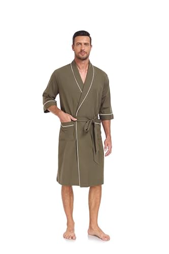 COLORFULLEAF Bademantel Herren aus 100% Baumwolle Leicht Sauna Morgenmantel Männern Reisebademantel Saunamantel mit Tasche(Olivgrün,2XL) von COLORFULLEAF