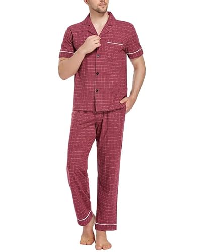 COLORFULLEAF Herren Pyjama Kariert Set Baumwolle Kurzarm Oberteil und Langer Hose Zweiteiliger Schlafanzug Sommer Nachtwäsche(Rot,XL) von COLORFULLEAF