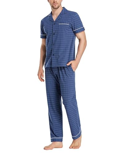 COLORFULLEAF Baumwolle Pyjama Herren Kariert Schlafanzug Kurzarm Oberteil Langer Hose Zweiteiliger Nachtwäsche Loungewear für Männer(Dunkelblau,M) von COLORFULLEAF