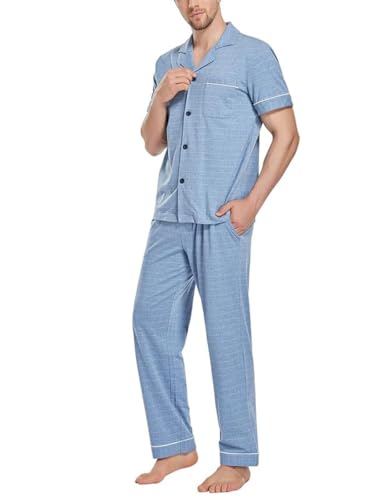 COLORFULLEAF Herren Schlafanzug 100% Baumwolle Kurzarm Pyjama mit Knopfleiste Sommer Zweiteilige Nachtwäsche Loungewear(Hellblau Plaid,S) von COLORFULLEAF