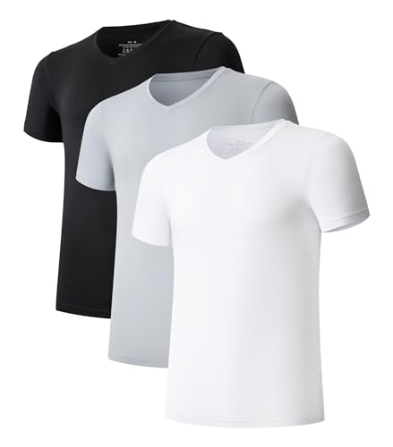 COLORFULLEAF Herren Rundhalsausschnitt Unterhemden Bambus Kurzarm T-Shirts Slim Fit 3er-Pack, V-Ausschnitt – Schwarz/Weiß/Grau, Mittel von COLORFULLEAF