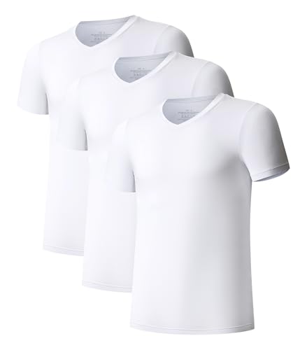 COLORFULLEAF Herren Rundhalsausschnitt Unterhemden Bambus Kurzarm T-Shirts Slim Fit 3er-Pack, V-Ausschnitt – Weiß., L von COLORFULLEAF