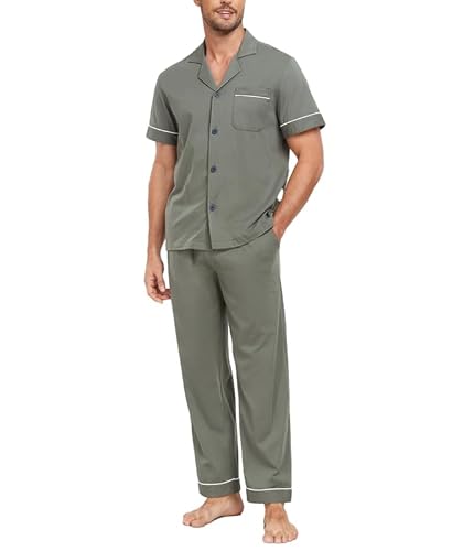 COLORFULLEAF Herren Schlafanzug 100% Baumwolle Kurzarm Pyjama mit Knopfleiste Sommer Zweiteilige Nachtwäsche Loungewear(Armeegrün,S) von COLORFULLEAF