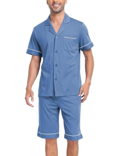COLORFULLEAF Schlafanzug Herren Kurz 100% Baumwolle Nachthemd Herren Shorty Pyjama V-Ausschnitt T-Shirt und Schlafshorts(Blau,L) von COLORFULLEAF