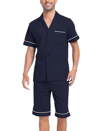 COLORFULLEAF Schlafanzug Herren Kurz 100% Baumwolle Nachthemd Herren Shorty Pyjama V-Ausschnitt T-Shirt und Schlafshorts(Navy blau,L) von COLORFULLEAF