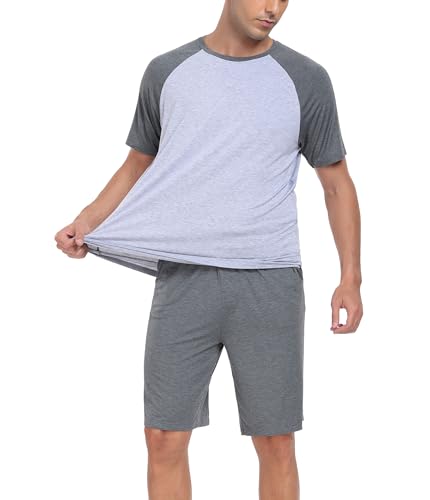 COLORFULLEAF Schlafanzug Herren Kurz Bambus Pyjama Sommer Hausanzug mit Rundhals Kurzarm Schlafanzug Männer Nachtwäsche Set S-XL (Dunkelgrau,L) von COLORFULLEAF