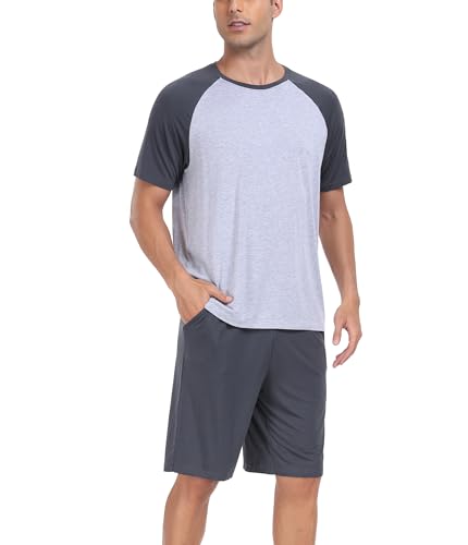 COLORFULLEAF Schlafanzug Herren Kurz Bambus Pyjama Sommer Hausanzug mit Rundhals Kurzarm Schlafanzug Männer Nachtwäsche Set S-XL (Eisengrau,L) von COLORFULLEAF