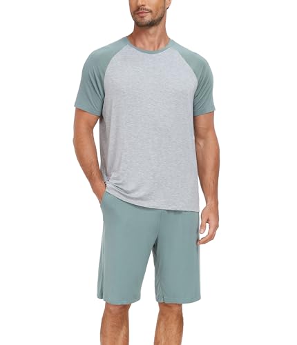 COLORFULLEAF Schlafanzug Herren Kurz Bambus Pyjama Sommer Hausanzug mit Rundhals Kurzarm Schlafanzug Männer Nachtwäsche Set S-XL (Grau blau,M) von COLORFULLEAF