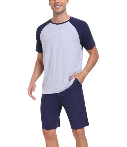 COLORFULLEAF Schlafanzug Herren Kurz Bambus Pyjama Sommer Hausanzug mit Rundhals Kurzarm Schlafanzug Männer Nachtwäsche Set S-XL (Navy blau,M) von COLORFULLEAF