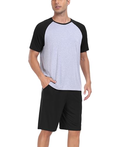 COLORFULLEAF Schlafanzug Herren Kurz Bambus Pyjama Sommer Hausanzug mit Rundhals Kurzarm Schlafanzug Männer Nachtwäsche Set S-XL (Schwarz,XL) von COLORFULLEAF