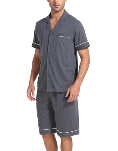 COLORFULLEAF Schlafanzug Herren Kurz 100% Baumwolle Nachthemd Herren Shorty Pyjama V-Ausschnitt T-Shirt und Schlafshorts(Dunkelgrau,XL) von COLORFULLEAF