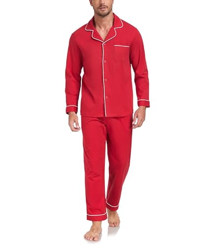 COLORFULLEAF Schlafanzug Herren lang 100% 100% Baumwolle Herren Pyjamas Set Zweiteiliger Nachtwäsche Langarm Loungewear Winter（KirscheM） von COLORFULLEAF