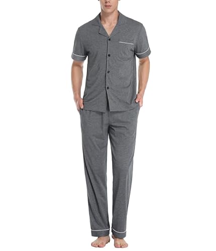COLORFULLEAF Herren Schlafanzug 100% Baumwolle Pyjama Männer mit Knopfleiste Zweiteiliger Kurzarm-Oberteil und Schlafhose(Dunkelgrau,S) von COLORFULLEAF