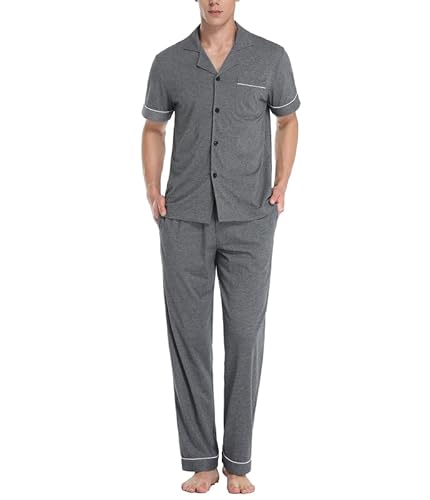 COLORFULLEAF Herren Schlafanzug Pyjama 100% Baumwolle Kurzarm Lange Hose Zweiteiliger Nachtwäsche mit Knopfleiste Loungewear für Männer(Dunkelgrau,S) von COLORFULLEAF