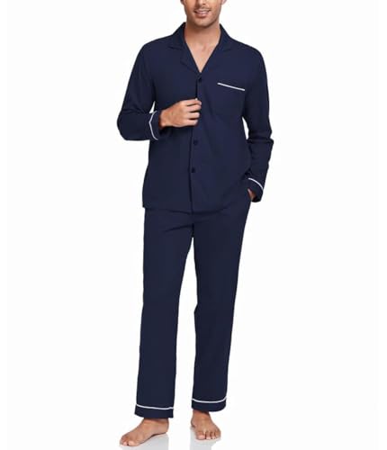 COLORFULLEAF Schlafanzug Herren Lang 100% Baumwolle Pyjama Set mit Knopfleiste Zweiteiliger Nachtwäsche Langarm Loungewear(A-Navy blau,S) von COLORFULLEAF