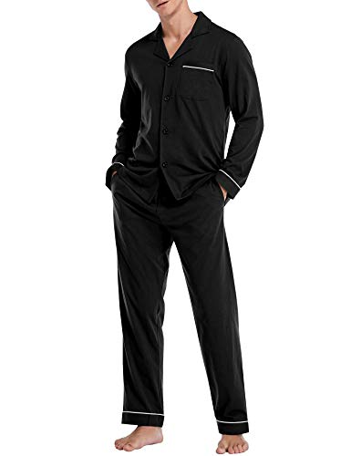 COLORFULLEAF Schlafanzug Herren Lang Pyjama Herren mit Knöpfen Baumwolle Zweiteiliger Langarm Shirt und Pyjamahose mit Tasche(Schwarz,M) von COLORFULLEAF