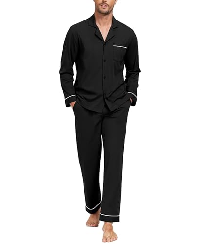 COLORFULLEAF Schlafanzug Herren Lang 100% Baumwolle Pyjama Set mit Knopfleiste Zweiteiliger Nachtwäsche Langarm Loungewear(Schwarz,XL) von COLORFULLEAF