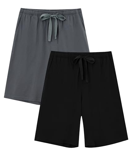 COLORFULLEAF Herren Schlafanzughose Kurz 100% Baumwolle Schlafhose Sommer Schlafshorts mit Taschen Pyjamahose Männer 2er Pack(Dunkelgrau + Schwarz,XL) von COLORFULLEAF