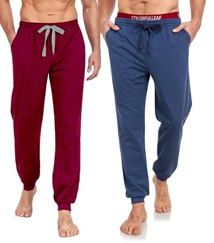 COLORFULLEAF Jogginghose Herren Baumwolle Schlafanzughose Männer Lang Schlafhose Leichte Freizeithose Sweatpants mit Bündchen(Blau*1+Dunkelrot*1,M) von COLORFULLEAF