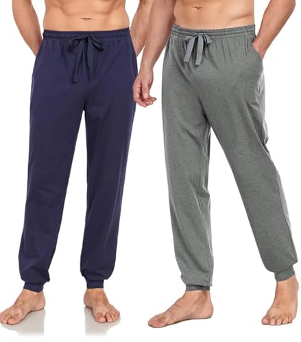 COLORFULLEAF Jogginghose Herren Baumwolle Schlafanzughose Männer Lang Schlafhose Leichte Freizeithose Sweatpants mit Bündchen(Grau*1+Marineblau*1,S) von COLORFULLEAF