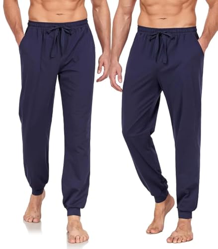 COLORFULLEAF Jogginghose Herren Baumwolle Schlafanzughose Männer Lang Schlafhose Leichte Freizeithose Sweatpants mit Bündchen(Marineblau*2,S) von COLORFULLEAF