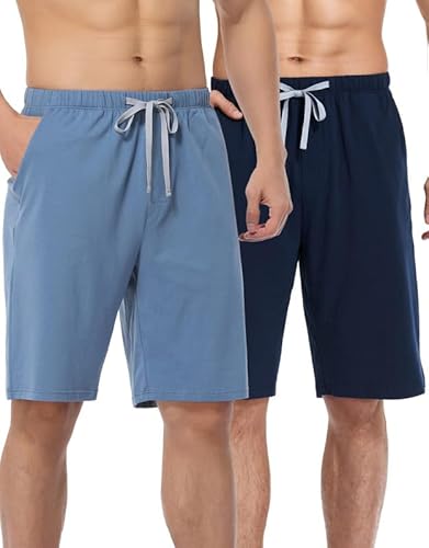 COLORFULLEAF Herren Schlafanzughose Kurz Baumwolle 2er-Pack Schlafshorts mit Taschen,Shorty Sleephose Sommer Pyjamahose Kurz(1 Pack Marineblau + 1 Pack Blau,M) von COLORFULLEAF