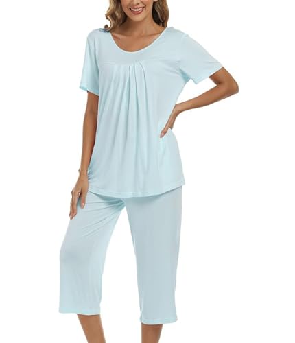 COLORFULLEAF Schlafanzug Damen Pyjama Set Zweiteiler Damen Sommer Kurzarm Nachtwäsche und 3/4 Lang Schlafanzughosen(Hellblau,L) von COLORFULLEAF