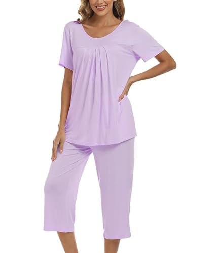 COLORFULLEAF Schlafanzug Damen Still Pyjama Set Zweiteiler Damen Sommer Leichter Kurzarm Nachtwäsche und Schlafanzug 3/4 Hose(Violett,M) von COLORFULLEAF