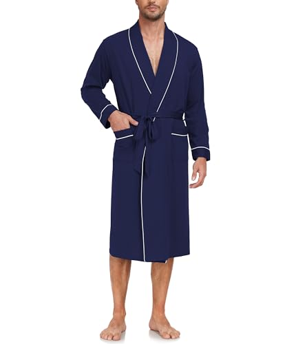 COLORFULLEAF Leicht Bademantel Herren aus 100% Baumwolle Sauna Morgenmantel Männern Reisebademantel Saunamantel mit Tasche(Marine,M) von COLORFULLEAF
