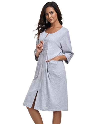COLORFULLEAF Damen Bademantel mit Reißverschluss Leicht Morgenmantel 100% Baumwolle Hausmantel 3/4 Ärmel Nachthemd mit Taschen(Grau,M) von COLORFULLEAF