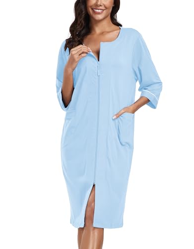COLORFULLEAF Damen Bademantel mit Reißverschluss Leicht Morgenmantel 100% Baumwolle Hausmantel 3/4 Ärmel Nachthemd mit Taschen(Hellblau,2XL) von COLORFULLEAF