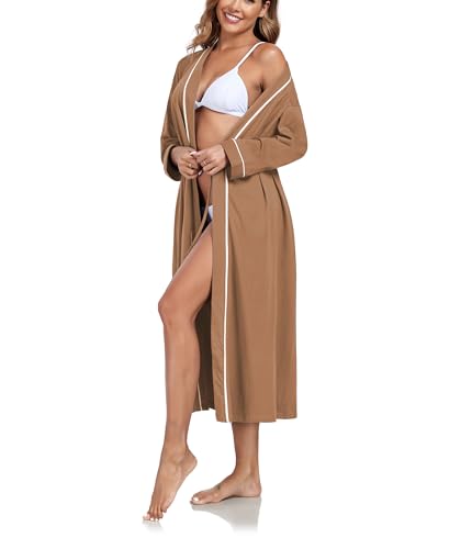 COLORFULLEAF Morgenmantel Damen Baumwolle Lang Bademantel für Frauen Leichter Langarm Elegant Saunamantel Kimono mit Taschen Bathrobe(Braun,L) von COLORFULLEAF