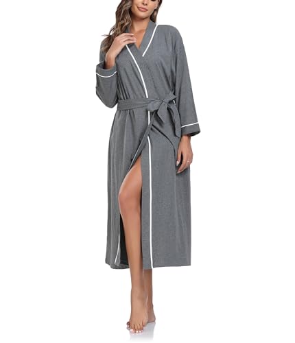 COLORFULLEAF Morgenmantel Damen Baumwolle Lang Bademantel für Frauen Leichter Langarm Elegant Saunamantel Kimono mit Taschen Bathrobe(Dunkelgrau,2XL) von COLORFULLEAF