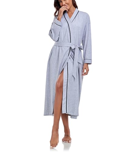 COLORFULLEAF Morgenmantel Damen Baumwolle Lang Bademantel für Frauen Leichter Langarm Elegant Saunamantel Kimono mit Taschen Bathrobe(Grau,M) von COLORFULLEAF