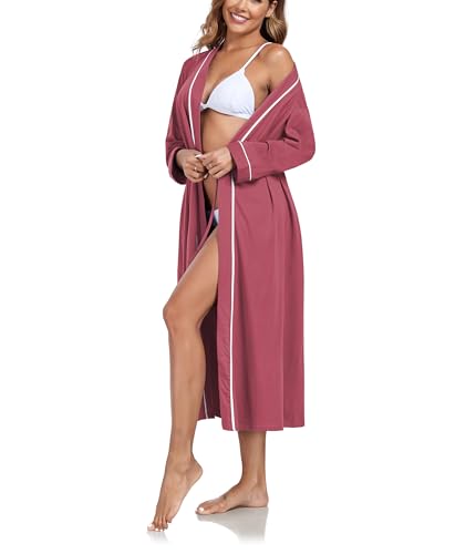 COLORFULLEAF Morgenmantel Damen Baumwolle Lang Bademantel für Frauen Leichter Langarm Elegant Saunamantel Kimono mit Taschen Bathrobe(Violettrot,M) von COLORFULLEAF