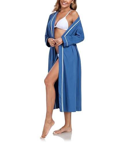 COLORFULLEAF Morgenmantel Damen Lang Bademantel Leicht Kimono Langarm Morgenrock Frauen Hausmantel Weiche Sauna Nachtwäsche mit Taschen(Azurblau,L) von COLORFULLEAF