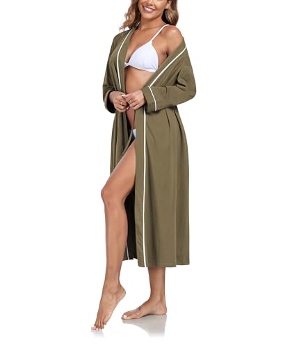 COLORFULLEAF Morgenmantel Damen Lang Bademantel Leicht Kimono Langarm Morgenrock Frauen Hausmantel Weiche Sauna Nachtwäsche mit Taschen(Olivgrün,M) von COLORFULLEAF