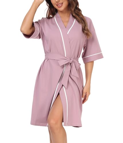 COLORFULLEAF Bademantel Damen Leicht 100% Baumwolle Kurz Sommer Morgenmantel Kimono Sauna 3/4 Ärmeln Roben Nachtwäsche mit 2 Taschen(Heideviolett 2XL) von COLORFULLEAF