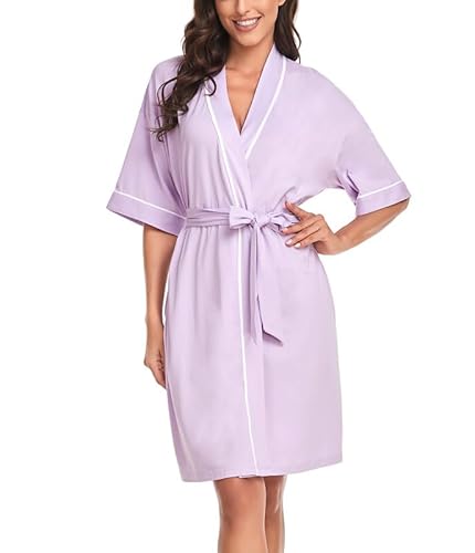 COLORFULLEAF Bademantel Damen Kurz Leicht 1/2 Ärmeln Morgenmantel Damen Dünn Kimono Saunamantel mit Taschen(Violett,XL) von COLORFULLEAF