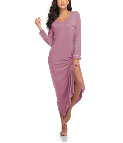 COLORFULLEAF Nachthemd Damen Lang Schlafshirt V-Ausschnitt Nachtwäsche Sexy Langarm Nachtkleid Frauen mit Taschen Weiche Schlafhemd Sleepshirt(Düstere Rose,S) von COLORFULLEAF