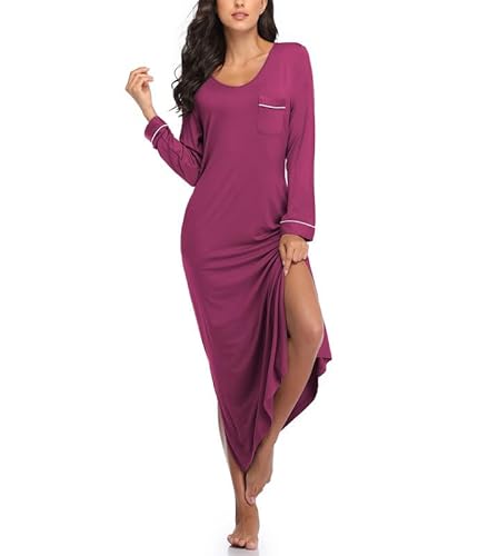 COLORFULLEAF Nachthemd Damen Lang Schlafshirt V-Ausschnitt Nachtwäsche Sexy Langarm Nachtkleid Frauen mit Taschen Weiche Schlafhemd Sleepshirt(Fuchsie,L) von COLORFULLEAF