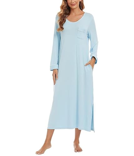 COLORFULLEAF Nachthemd Damen Langarm Lang Schlafshirt Sexy Frau Schlafhemd V-Ausschnitt Nachtwäsche mit Taschen Elegante Sleepshirt(Himmelblau,2XL) von COLORFULLEAF