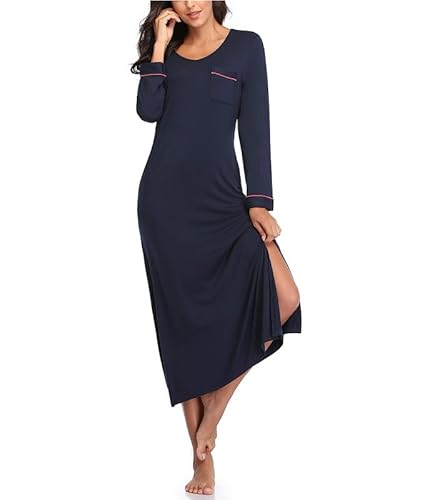 COLORFULLEAF Nachthemd Damen Lang Schlafshirt V-Ausschnitt Nachtwäsche Sexy Langarm Nachtkleid Frauen mit Taschen Weiche Schlafhemd Sleepshirt(Navy blau,S) von COLORFULLEAF