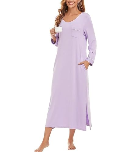 COLORFULLEAF Nachthemd Damen Lang Schlafshirt V-Ausschnitt Nachtwäsche Sexy Langarm Nachtkleid Frauen mit Taschen Weiche Schlafhemd Sleepshirt(Violett,2XL) von COLORFULLEAF